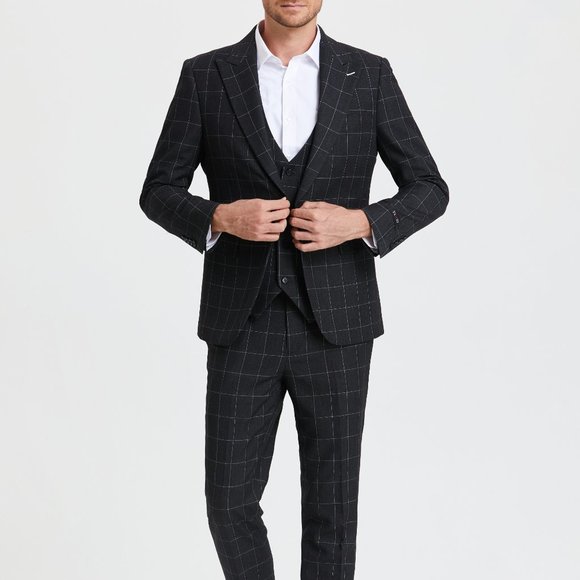Windowpane Peak Lapel Suit 3-Piece By Tazio, Charcoaled Black - Picture 1 of 3